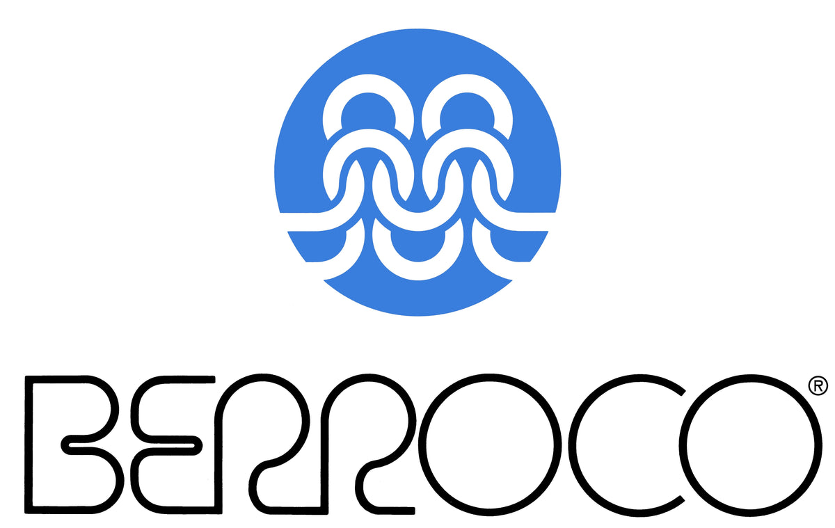 Blue circle with a graphic representation of knit stitches above the word "Berroco"