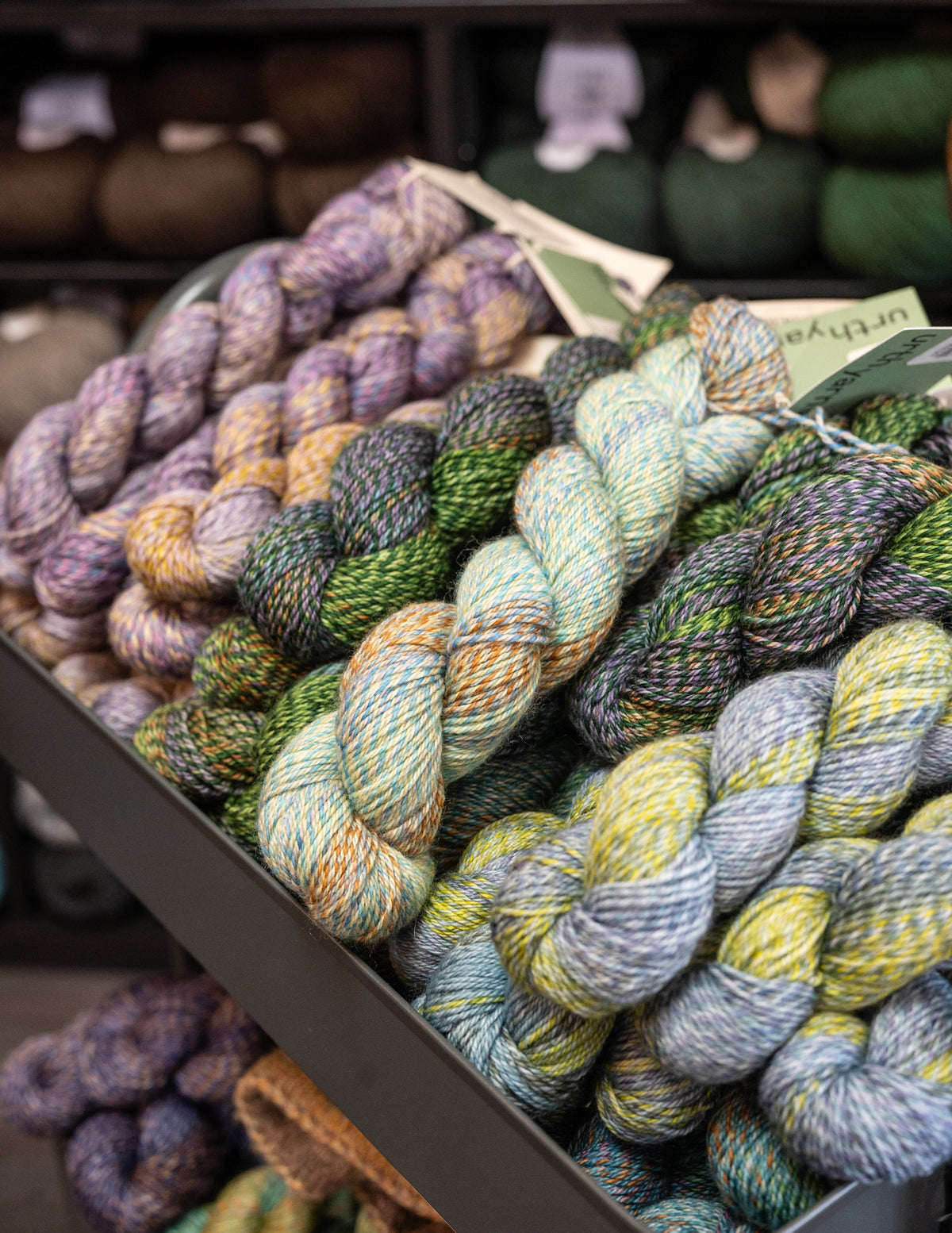 Colorful skeins of yarn on a shelf in a store setting