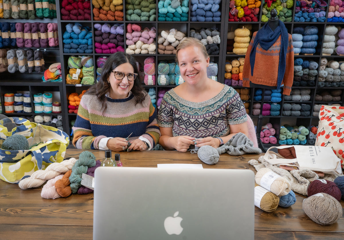 Lori and Justine, hosts of the Skein Scoop knitting podcast