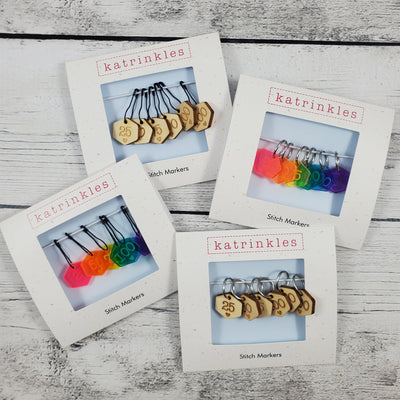 Katrinkles - Cast On Counting Numbers Stitch Marker Set - Rainbow Acrylic or Wood