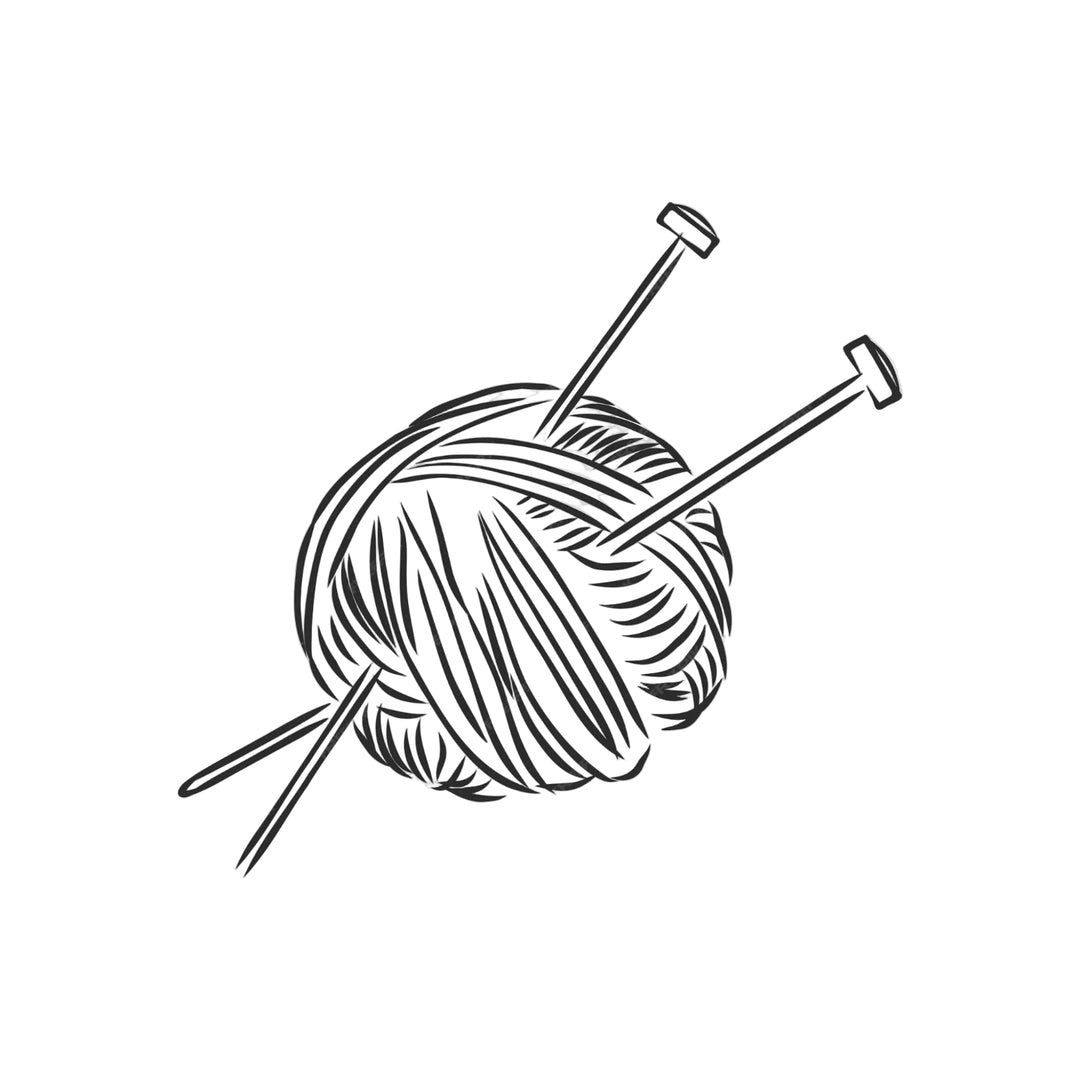 Black and white illustration of a ball of yarn with knitting needles on a white background