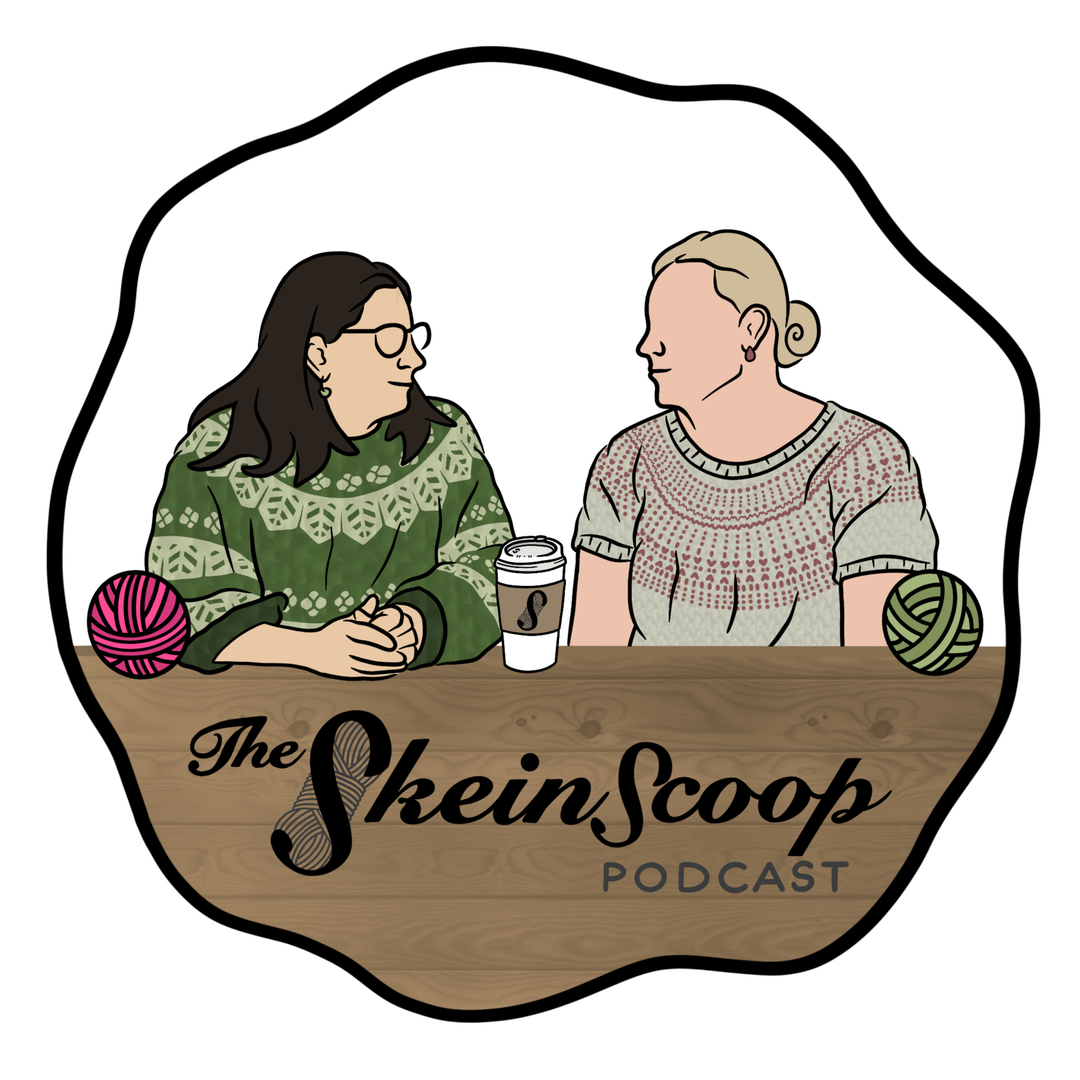 Logo for 'The Skein Scoop Podcast' featuring Lori and Justine 